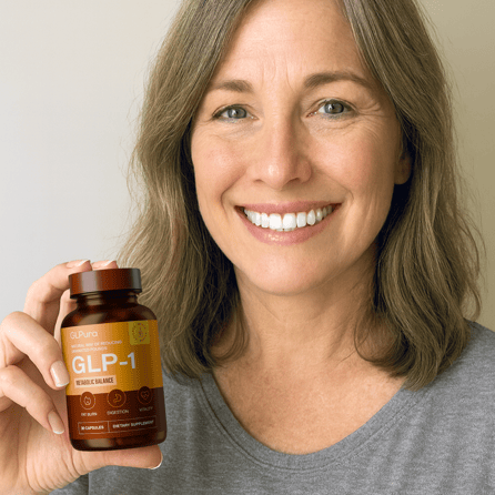 Eine Frau in ihren Vierzigern hält eine GLPura in der Hand.