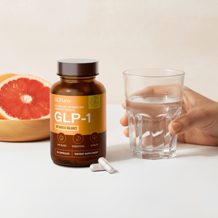 GLPura-Nahrungsergänzungsmittel und ein Glas Wasser werden gezeigt